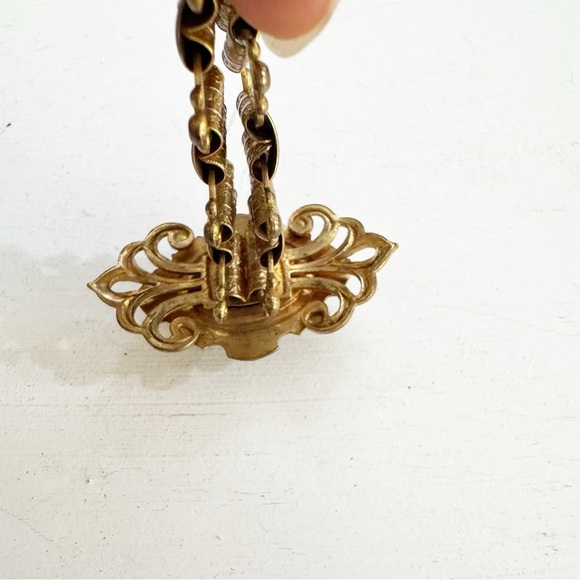 Vintage Art Deco Onyx Oval Seed Pearl Gold Tone Link Intricate Inlay Retro Gift - Picture 14 of 16